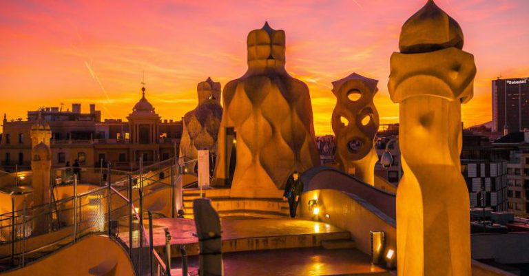 Modernist Barcelona - Illuminated Sculptures on the Roof of Casa Milà Building by Antonio Gaudi, Barcelona