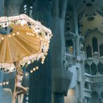 Born Cultural Barcelona - From below pillars and decorative ceiling with ornamental chandelier in Basilica de la Sagrada Familia in Barcelona