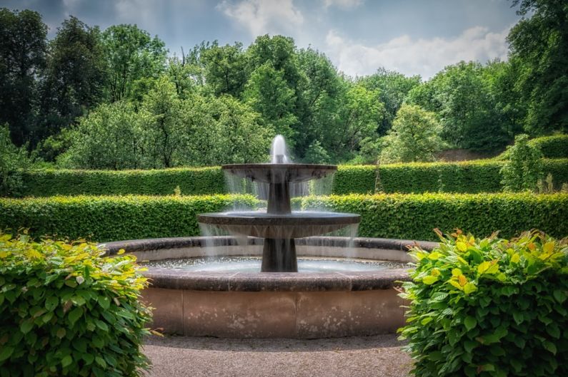 Fountain - a water fountain surrounded by hedges and trees